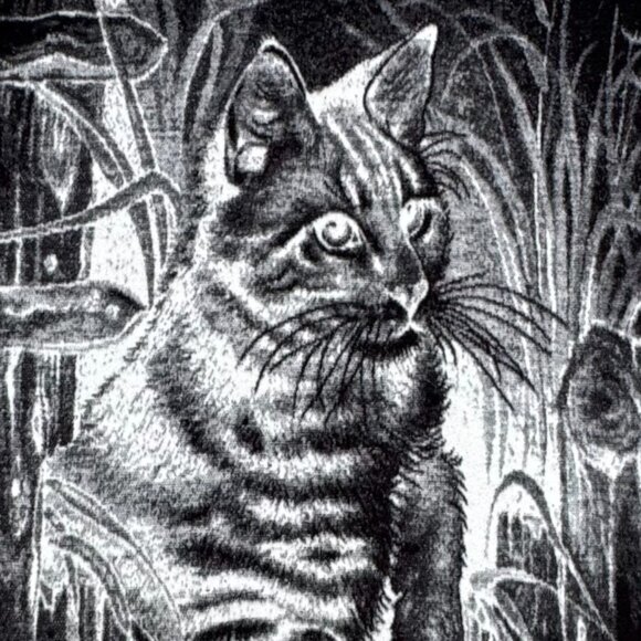 Vintage Biederlack Cat Blanket Throw Black White Tabby Cat Woods Scene USA - Picture 3 of 6